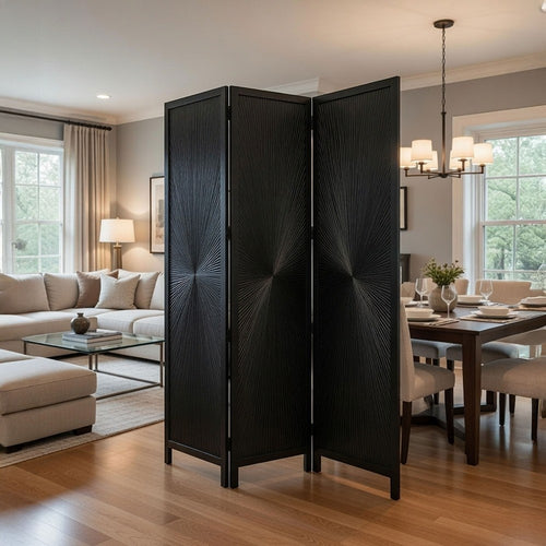 Cava 3 Panel Folding Screen Room Divider| Sunburst Design | Black Mango Wood | 60x72 Inch By The Urban Port