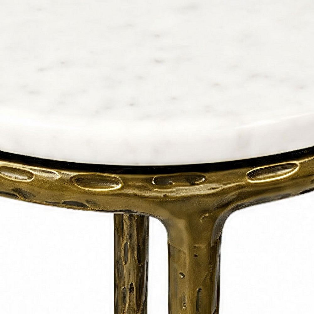 Minza Accent Side End Table | Modern White Marble Round Top | H& Forged | Hammered Antique Brass Finish | 24" By The  Urban Port