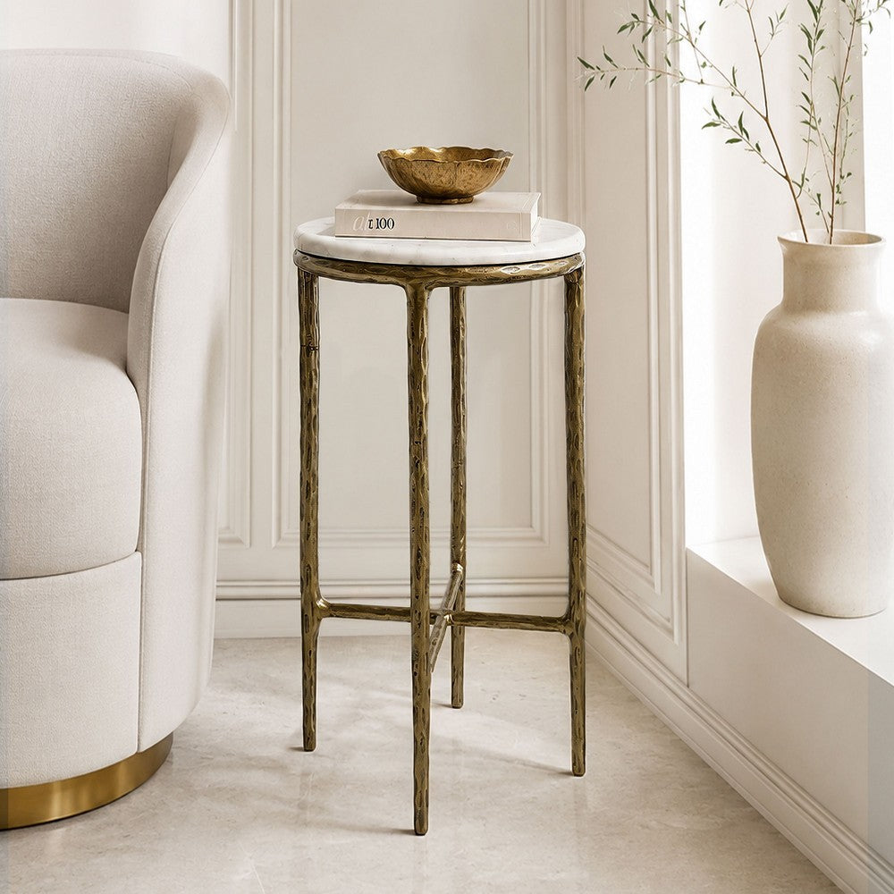Minza Accent Side End Table | Modern White Marble Round Top | H& Forged | Hammered Antique Brass Finish | 24" By The  Urban Port