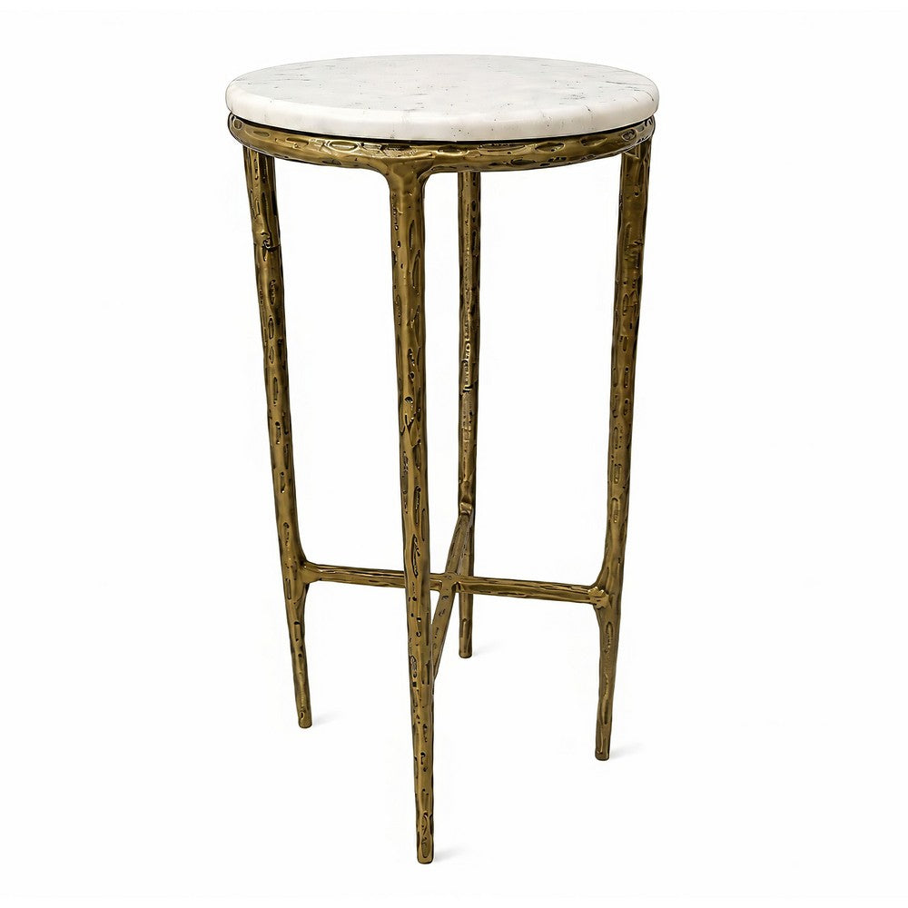 Minza Accent Side End Table | Modern White Marble Round Top | H& Forged | Hammered Antique Brass Finish | 24" By The  Urban Port