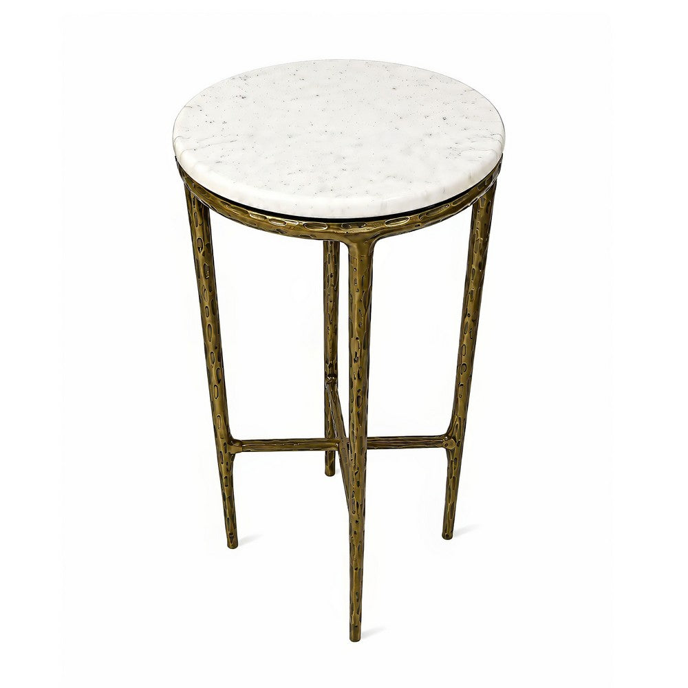 Minza Accent Side End Table | Modern White Marble Round Top | H& Forged | Hammered Antique Brass Finish | 24" By The  Urban Port
