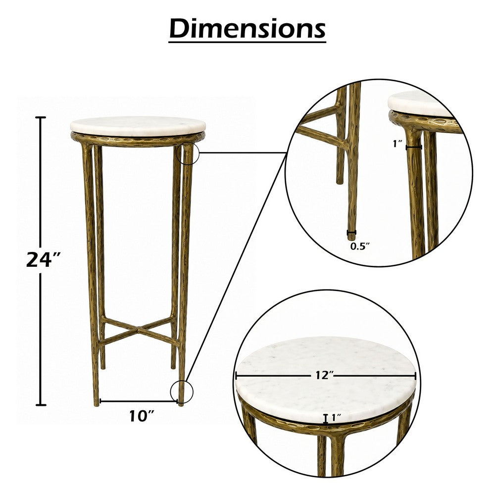 Minza Accent Side End Table | Modern White Marble Round Top | H& Forged | Hammered Antique Brass Finish | 24" By The  Urban Port