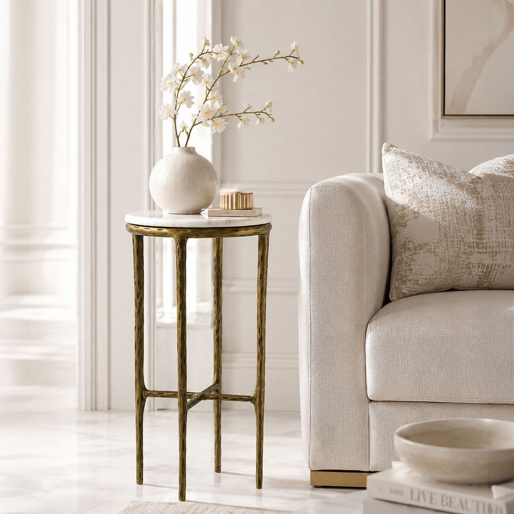 Minza Accent Side End Table | Modern White Marble Round Top | H& Forged | Hammered Antique Brass Finish | 24" By The  Urban Port