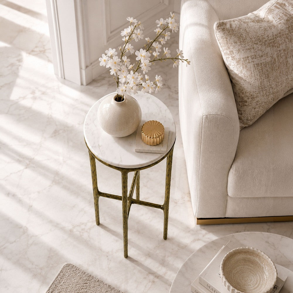 Minza Accent Side End Table | Modern White Marble Round Top | H& Forged | Hammered Antique Brass Finish | 24" By The  Urban Port