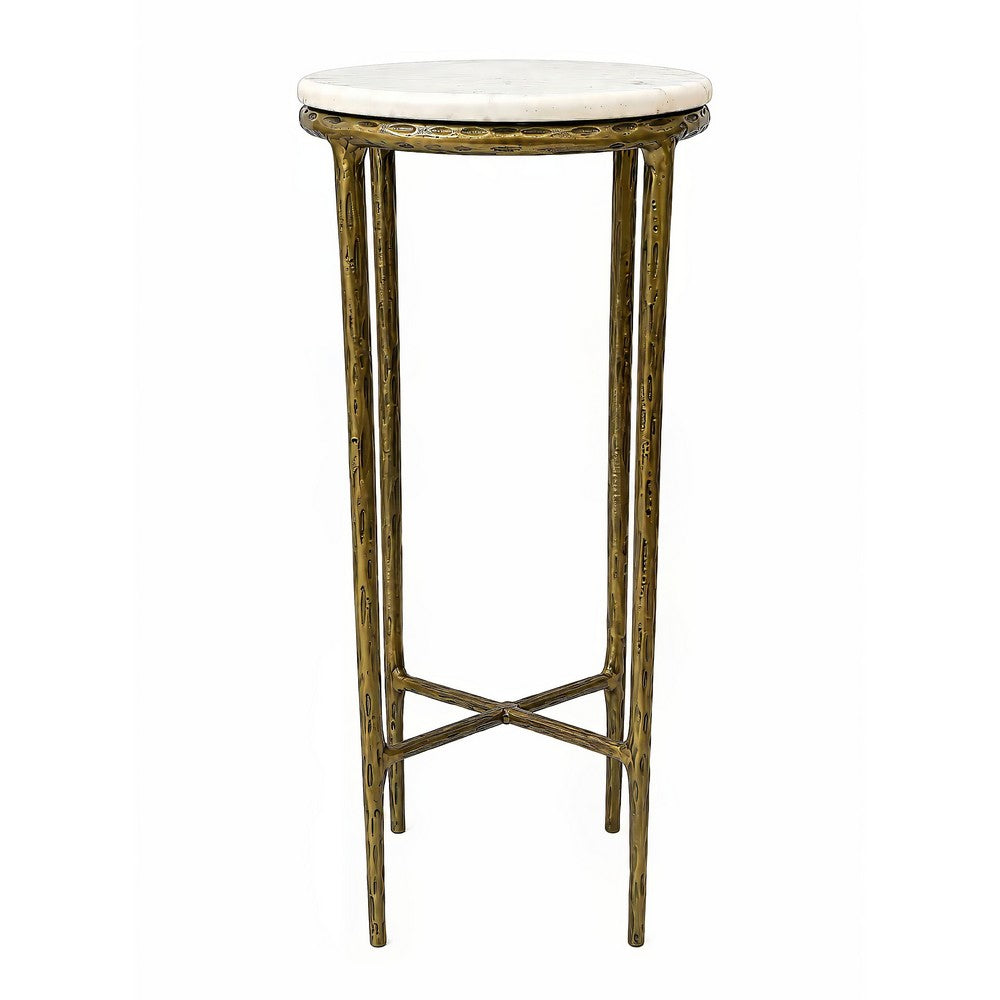Minza Accent Side End Table | Modern White Marble Round Top | H& Forged | Hammered Antique Brass Finish | 24" By The  Urban Port