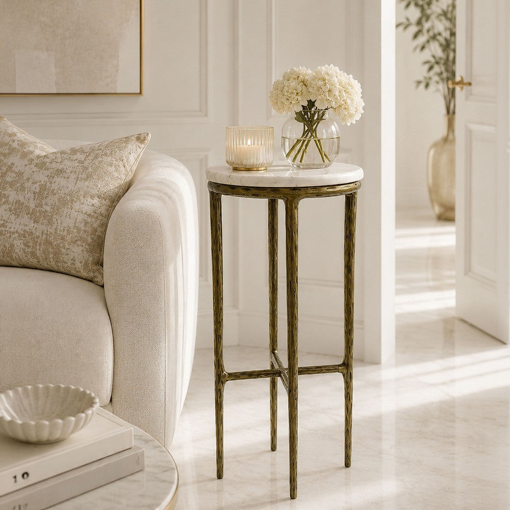 Minza Accent Side End Table | Modern White Marble Round Top | H& Forged | Hammered Antique Brass Finish | 24" By The  Urban Port