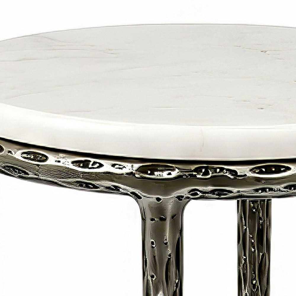 Minza Accent Side End Table | Modern White Marble Round Top | H& Forged | Hammered Antique Nickel Finish | 24" By The  Urban Port