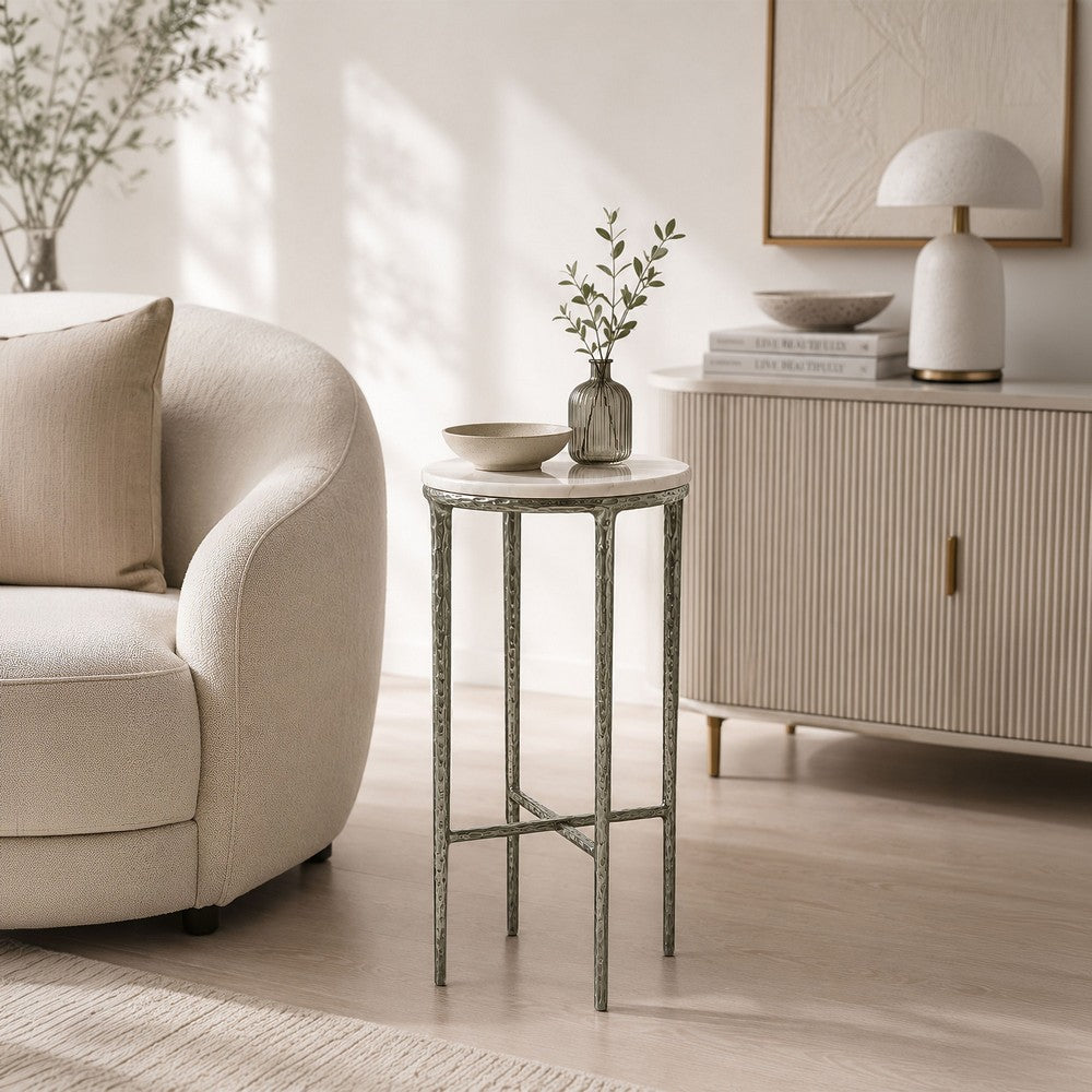 Minza Accent Side End Table | Modern White Marble Round Top | H& Forged | Hammered Antique Nickel Finish | 24" By The  Urban Port