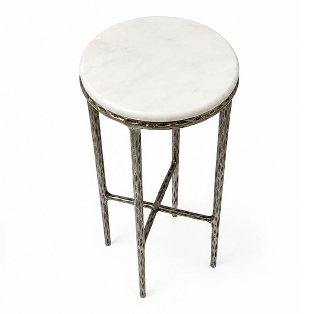 Minza Accent Side End Table | Modern White Marble Round Top | H& Forged | Hammered Antique Nickel Finish | 24" By The  Urban Port