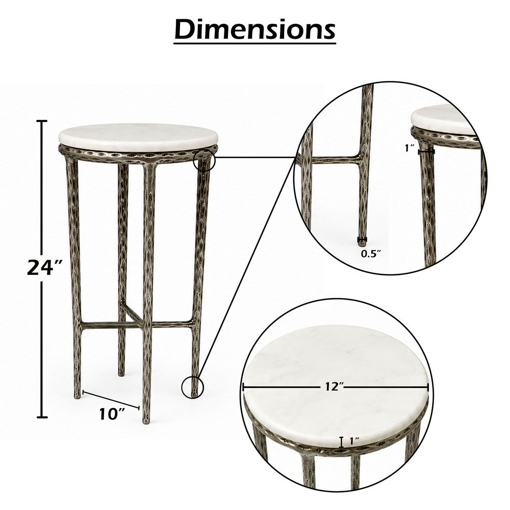 Minza Accent Side End Table | Modern White Marble Round Top | H& Forged | Hammered Antique Nickel Finish | 24" By The  Urban Port
