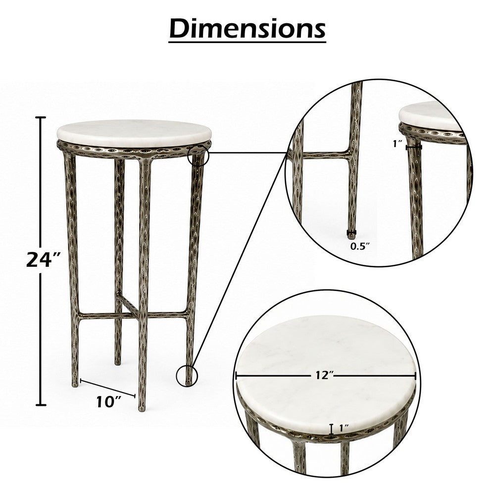 Minza Accent Side End Table | Modern White Marble Round Top | H& Forged | Hammered Antique Nickel Finish | 24" By The  Urban Port