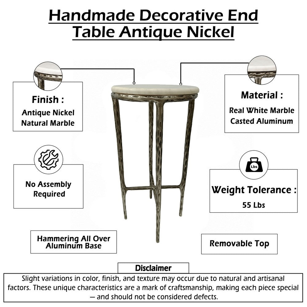 Minza Accent Side End Table | Modern White Marble Round Top | H& Forged | Hammered Antique Nickel Finish | 24" By The  Urban Port