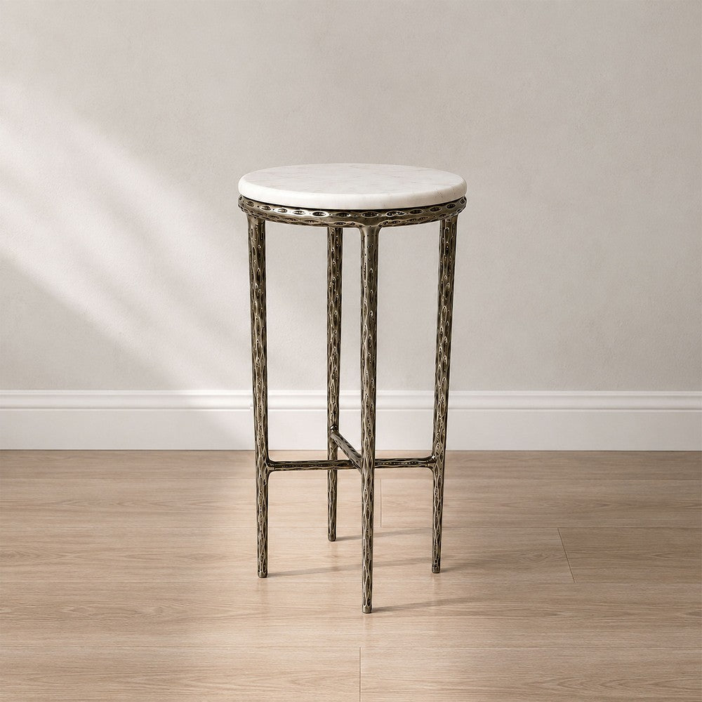 Minza Accent Side End Table | Modern White Marble Round Top | H& Forged | Hammered Antique Nickel Finish | 24" By The  Urban Port