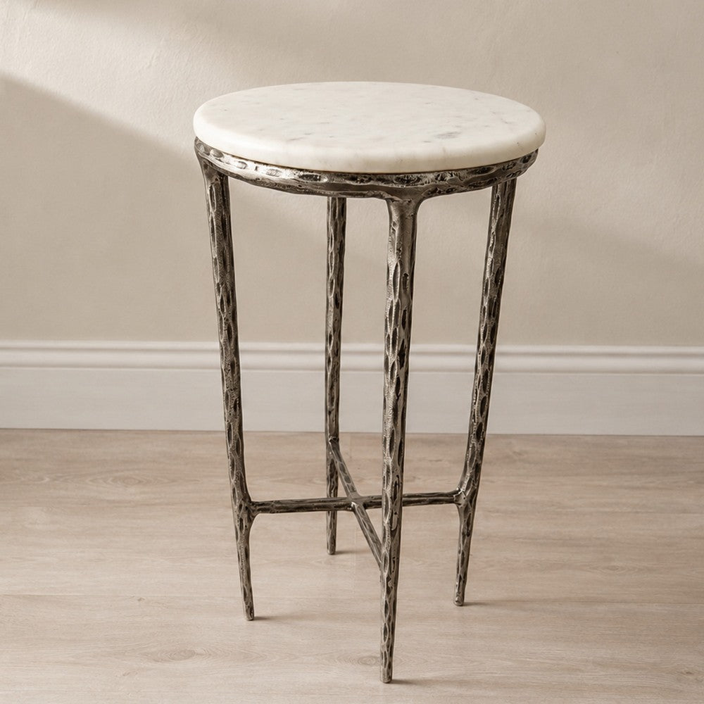 Minza Accent Side End Table | Modern White Marble Round Top | H& Forged | Hammered Antique Nickel Finish | 24" By The  Urban Port
