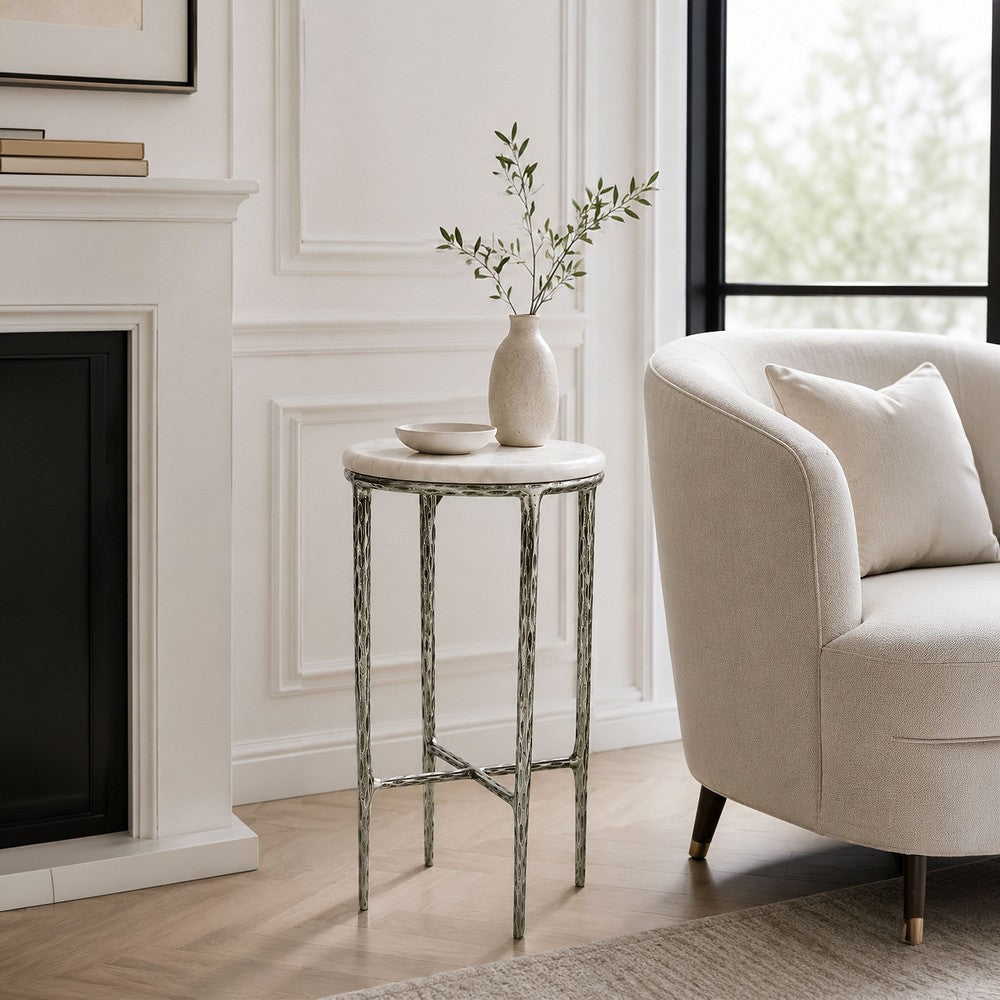 Minza Accent Side End Table | Modern White Marble Round Top | H& Forged | Hammered Antique Nickel Finish | 24" By The  Urban Port