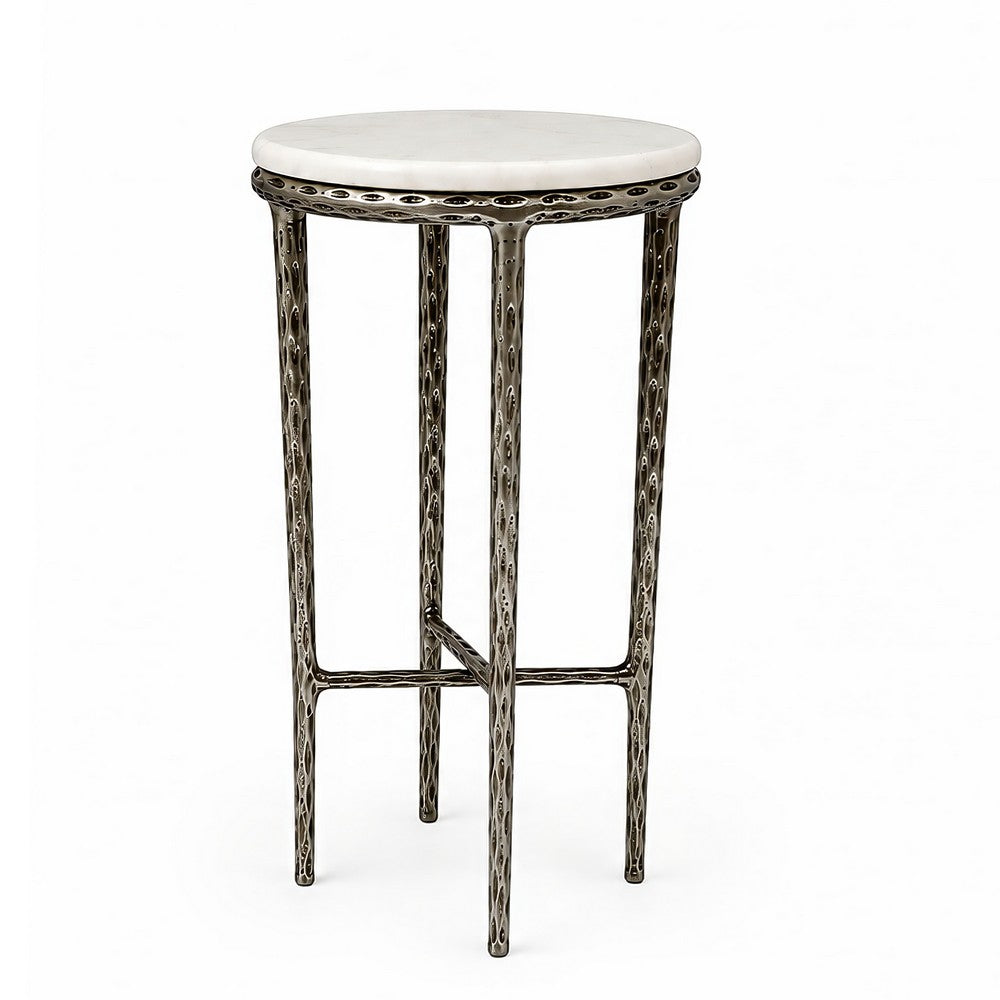 Minza Accent Side End Table | Modern White Marble Round Top | H& Forged | Hammered Antique Nickel Finish | 24" By The  Urban Port