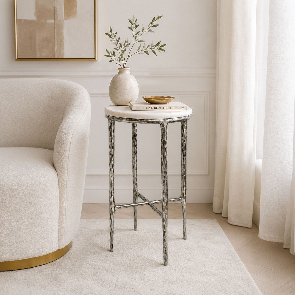 Minza Accent Side End Table | Modern White Marble Round Top | H& Forged | Hammered Antique Nickel Finish | 24" By The  Urban Port