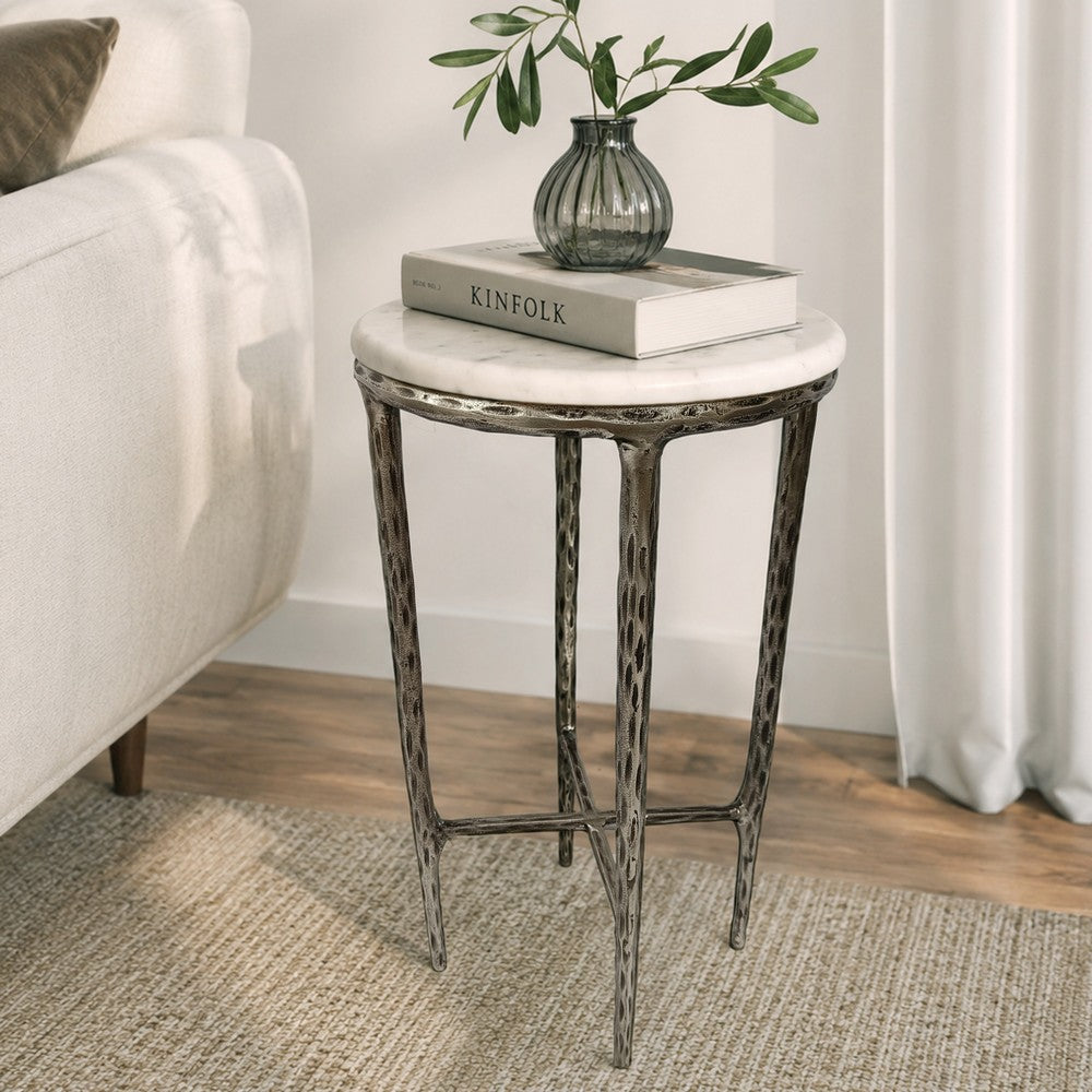 Minza Accent Side End Table | Modern White Marble Round Top | H& Forged | Hammered Antique Nickel Finish | 24" By The  Urban Port