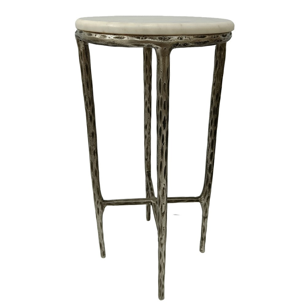 Minza Accent Side End Table | Modern White Marble Round Top | H& Forged | Hammered Antique Nickel Finish | 24" By The  Urban Port
