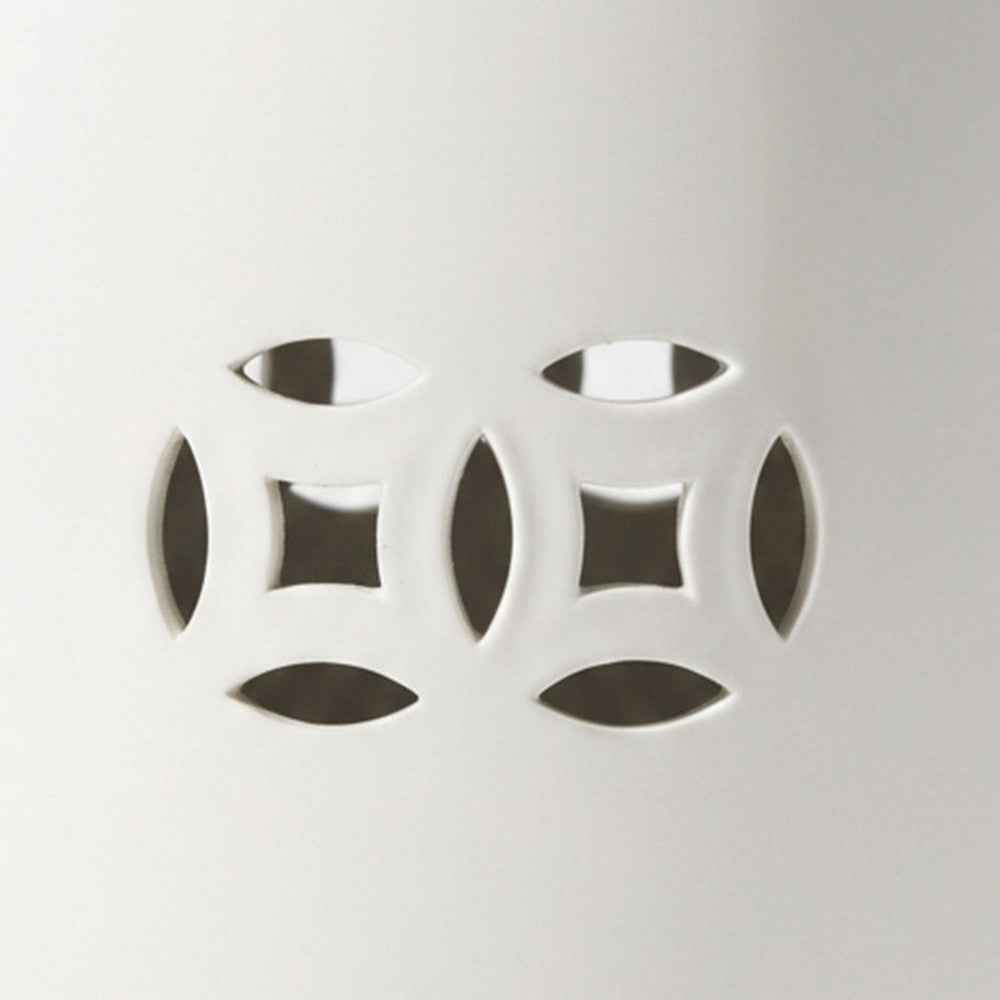 Garden Accent Stool, 17 Inch Round Drum Shape, White Ceramic, Cut Out Details By The Urban Port