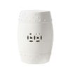 Garden Accent Stool, 17 Inch Round Drum Shape, White Ceramic, Cut Out Details By The Urban Port