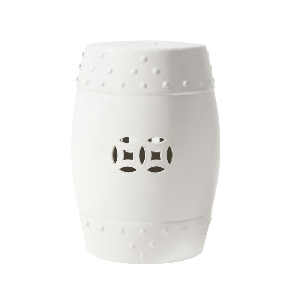 Garden Accent Stool, 17 Inch Round Drum Shape, White Ceramic, Cut Out Details By The Urban Port