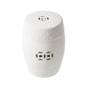 Garden Accent Stool, 17 Inch Round Drum Shape, White Ceramic, Cut Out Details By The Urban Port