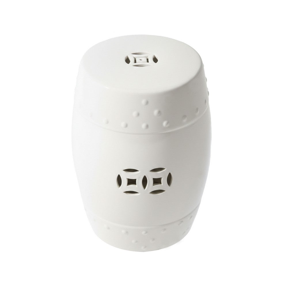 Garden Accent Stool, 17 Inch Round Drum Shape, White Ceramic, Cut Out Details By The Urban Port