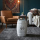 Garden Accent Stool, 17 Inch Round Drum Shape, White Ceramic, Cut Out Details By The Urban Port