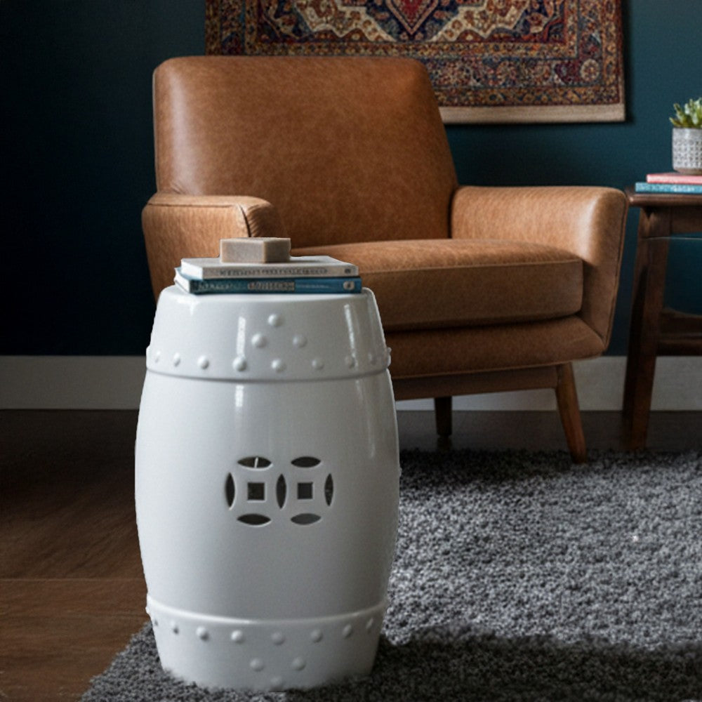 Garden Accent Stool, 17 Inch Round Drum Shape, White Ceramic, Cut Out Details By The Urban Port