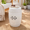 Garden Accent Stool, 17 Inch Round Drum Shape, White Ceramic, Cut Out Details By The Urban Port