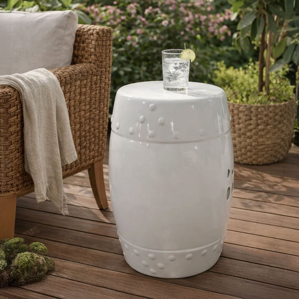 Garden Accent Stool, 17 Inch Round Drum Shape, White Ceramic, Cut Out Details By The Urban Port
