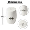 Garden Accent Stool, 17 Inch Round Drum Shape, White Ceramic, Cut Out Details By The Urban Port