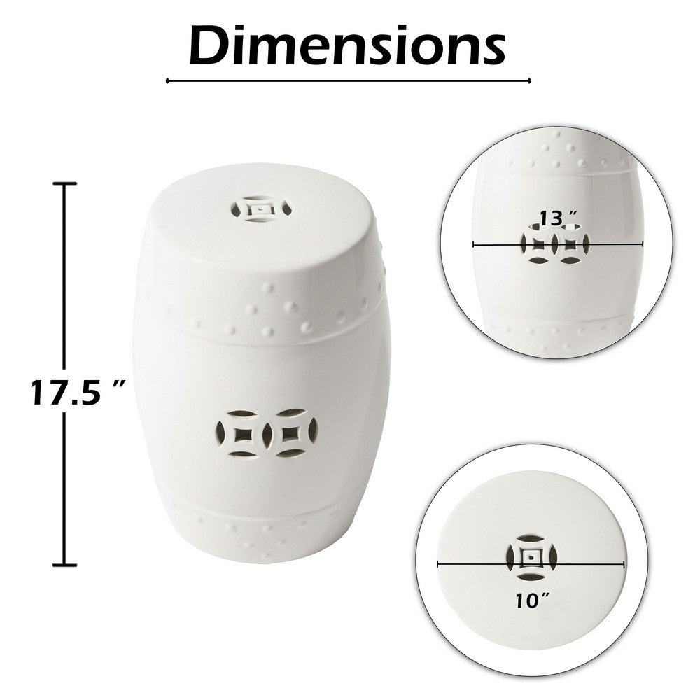 Garden Accent Stool, 17 Inch Round Drum Shape, White Ceramic, Cut Out Details By The Urban Port