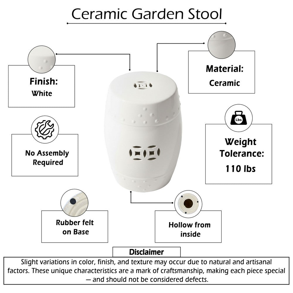 Garden Accent Stool, 17 Inch Round Drum Shape, White Ceramic, Cut Out Details By The Urban Port