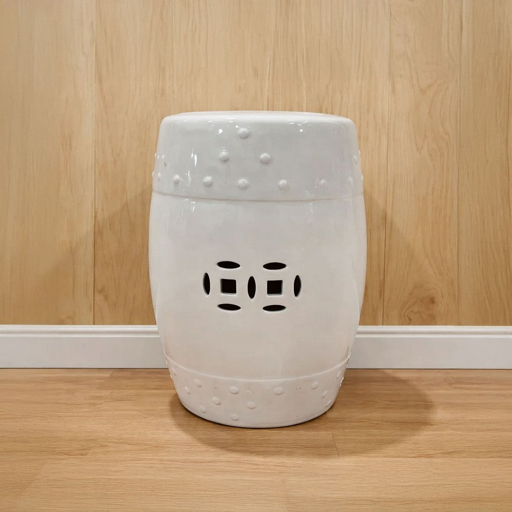 Garden Accent Stool, 17 Inch Round Drum Shape, White Ceramic, Cut Out Details By The Urban Port