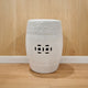 Garden Accent Stool, 17 Inch Round Drum Shape, White Ceramic, Cut Out Details By The Urban Port
