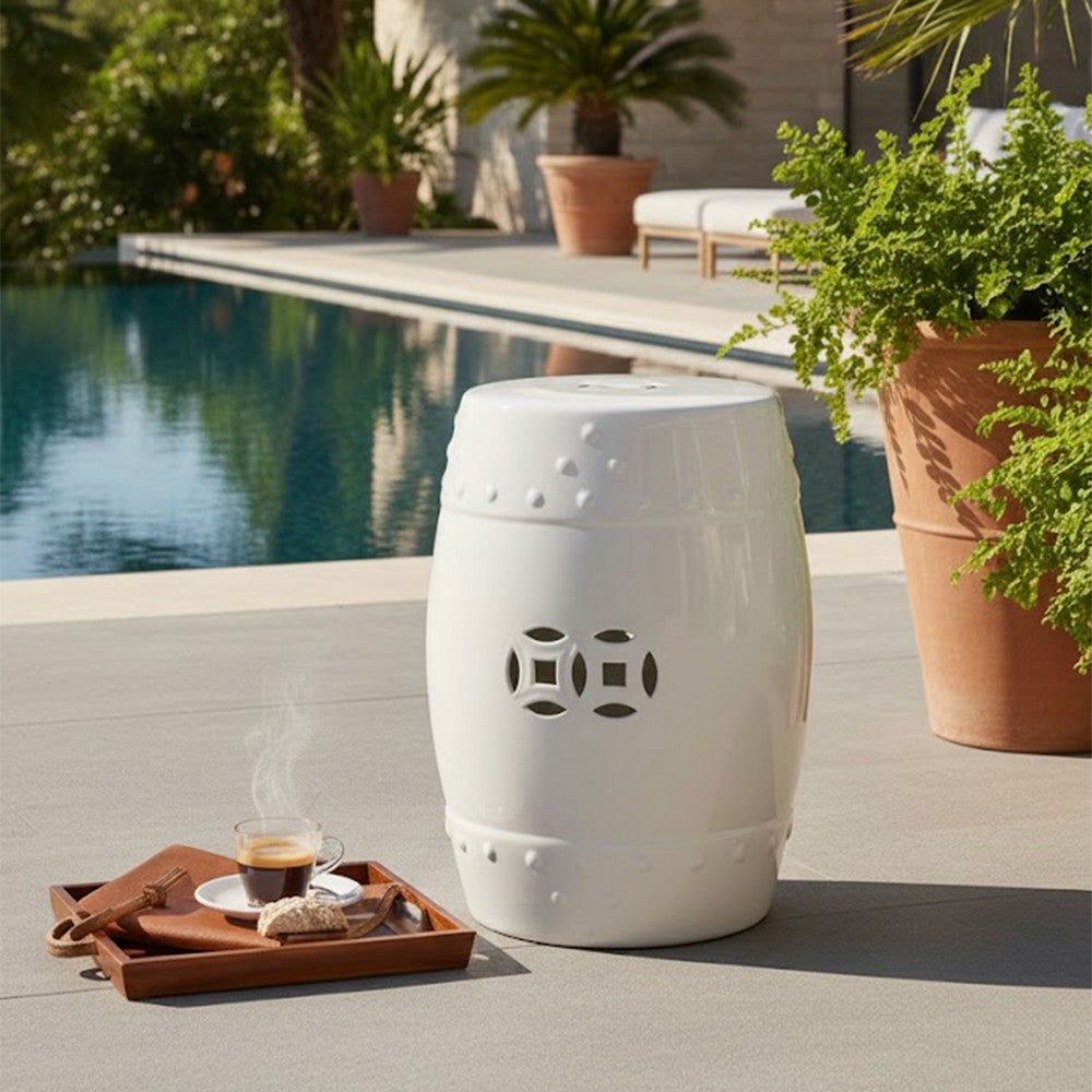 Garden Accent Stool, 17 Inch Round Drum Shape, White Ceramic, Cut Out Details By The Urban Port