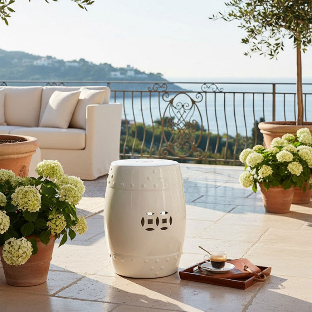 Garden Accent Stool, 17 Inch Round Drum Shape, White Ceramic, Cut Out Details By The Urban Port