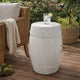 Garden Accent Stool, 17 Inch Round Drum Shape, White Ceramic, Cut Out Details By The Urban Port