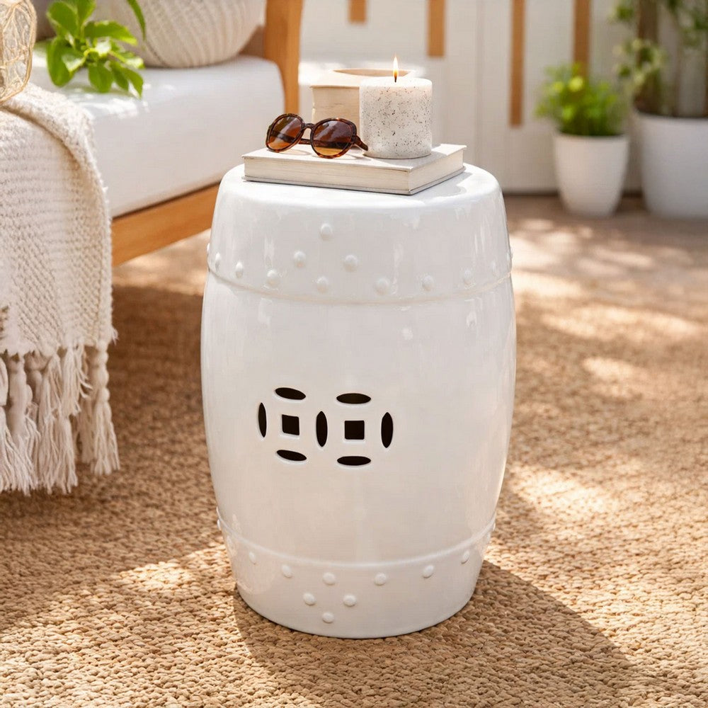 Garden Accent Stool, 17 Inch Round Drum Shape, White Ceramic, Cut Out Details By The Urban Port