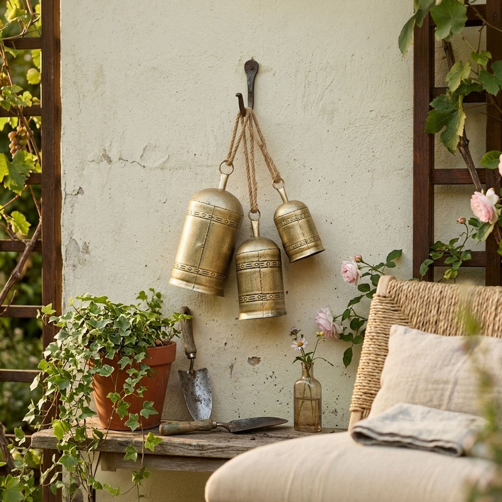 Pima 3 Piece Cowbell Set | Etched Antique Gold Iron with Jute Rope | Organic Decor By The Urban Port