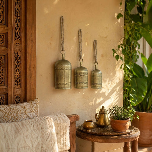 Pima 3 Piece Cowbell Set | Etched Antique Gold Iron with Jute Rope | Organic Decor By The Urban Port