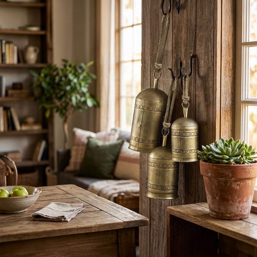 Pima 3 Piece Cowbell Set | Etched Antique Gold Iron with Jute Rope | Organic Decor By The Urban Port