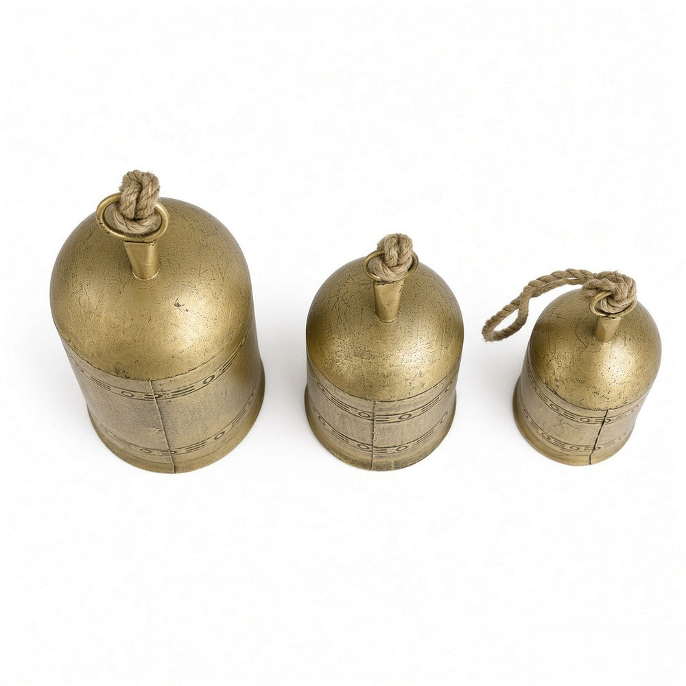 Pima 3 Piece Cowbell Set | Etched Antique Gold Iron with Jute Rope | Organic Decor By The Urban Port