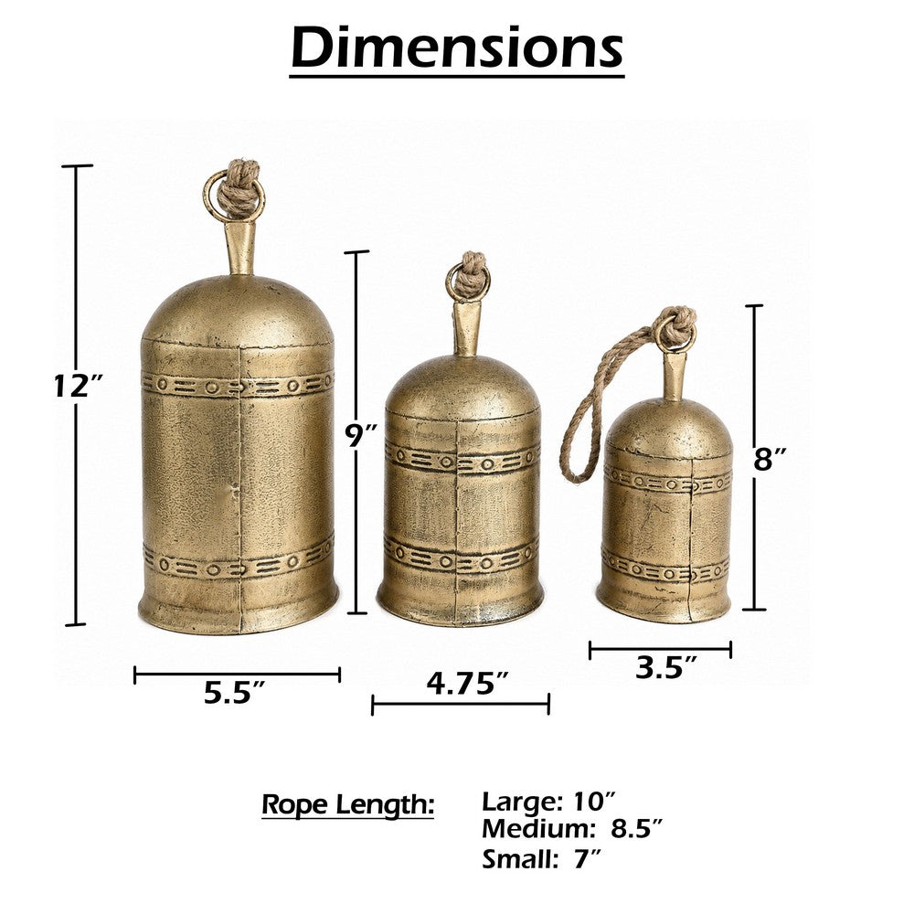 Pima 3 Piece Cowbell Set | Etched Antique Gold Iron with Jute Rope | Organic Decor By The Urban Port