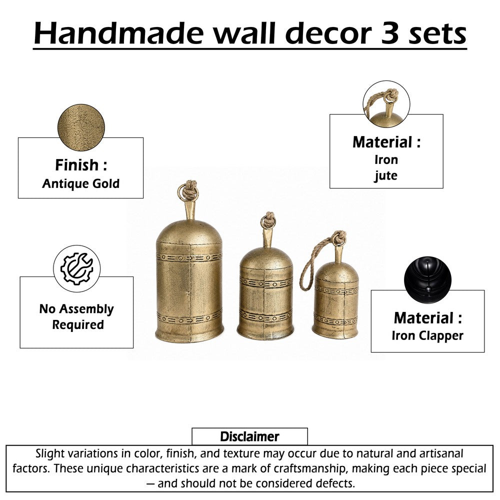 Pima 3 Piece Cowbell Set | Etched Antique Gold Iron with Jute Rope | Organic Decor By The Urban Port