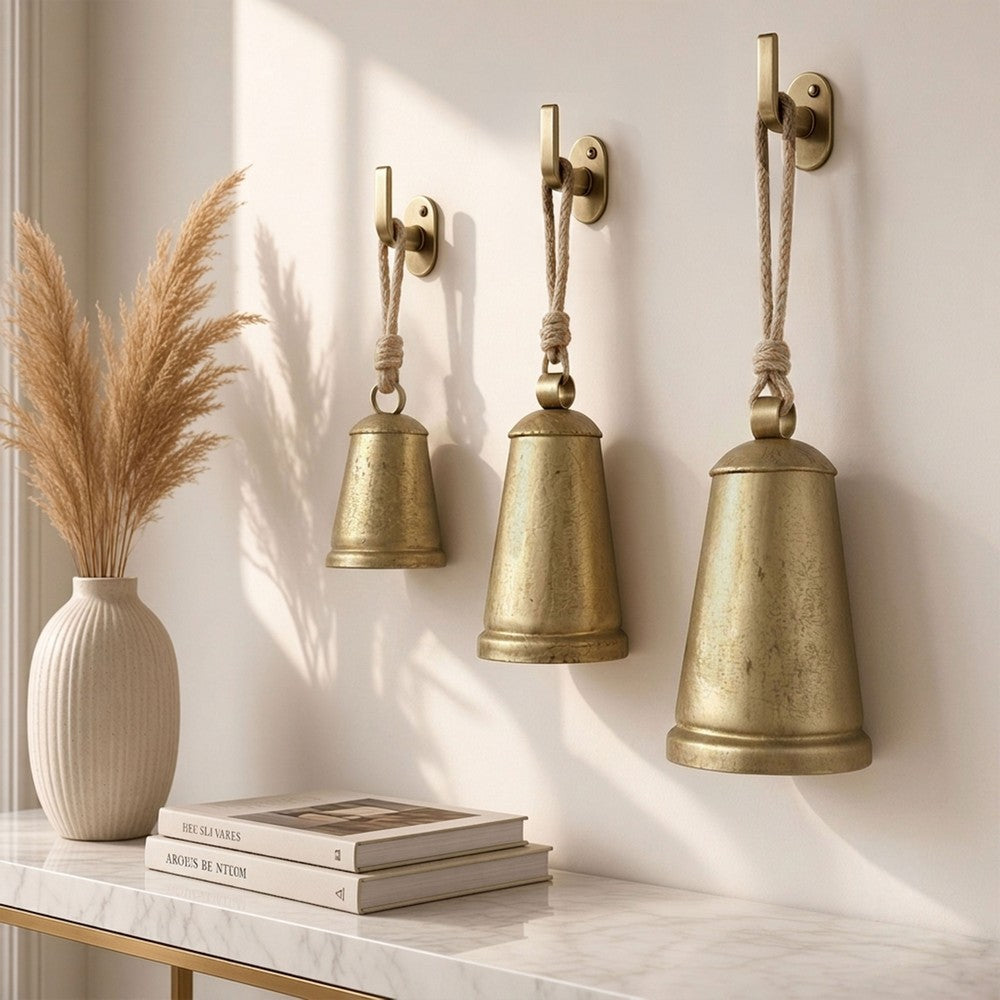 Loma Set of 3 Wall Hanging Bells | Antique Gold Finish | Natural Jute Rope | Boho Home Decor By The Urban Port