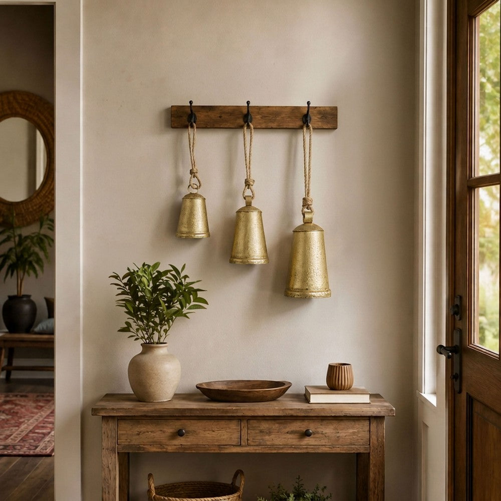 Loma Set of 3 Wall Hanging Bells | Antique Gold Finish | Natural Jute Rope | Boho Home Decor By The Urban Port