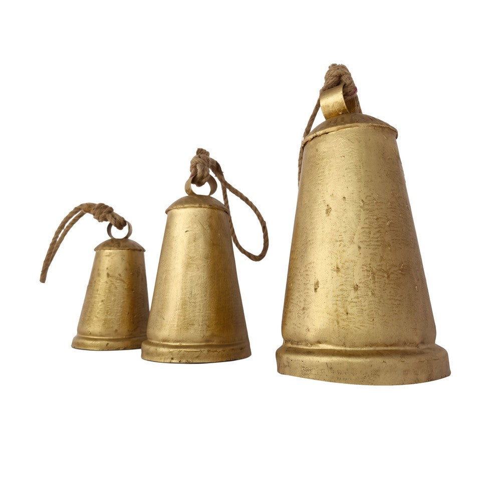 Loma Set of 3 Wall Hanging Bells | Antique Gold Finish | Natural Jute Rope | Boho Home Decor By The Urban Port